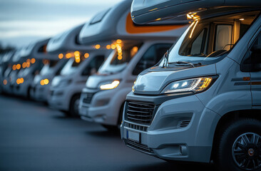 Naklejka premium A row of modern motorhomes parked during twilight showcasing their sleek designs