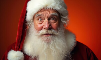 Naklejka premium Santa Claus shocked look close-up with a surprised expression on a dark orange background excellent for festive sale banners and holiday shopping discounts Watercolor style.