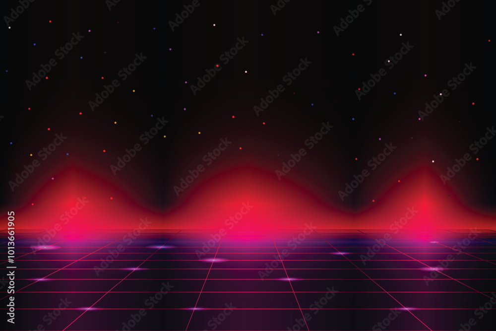 Wall mural retro futurism sci-fi background. glowing red neon grid. and stars from vintage arcade computer game