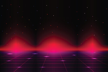 Retro Futurism Sci-Fi Background. glowing red neon grid. and stars from vintage arcade computer games  © Sumeth