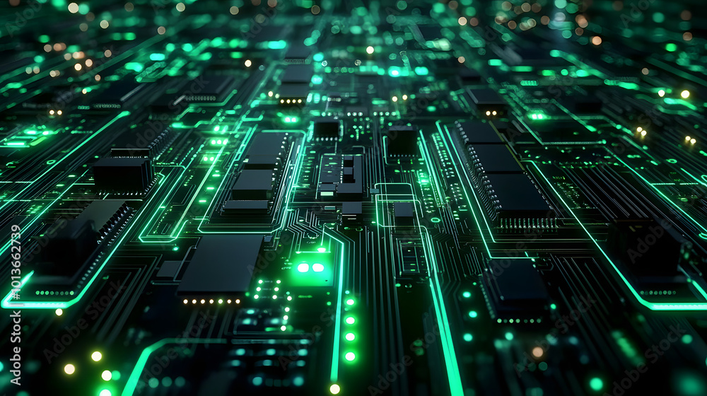 Wall mural neon green futuristic circuit board pattern on black background for tech product display or concept