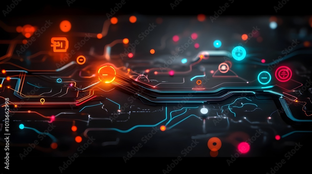 Poster experimental abstract art visualizing the connectivity and movement of a smart transit system with a