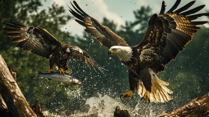 Two Bald Eagles in Mid-Air Struggle Over a Fish