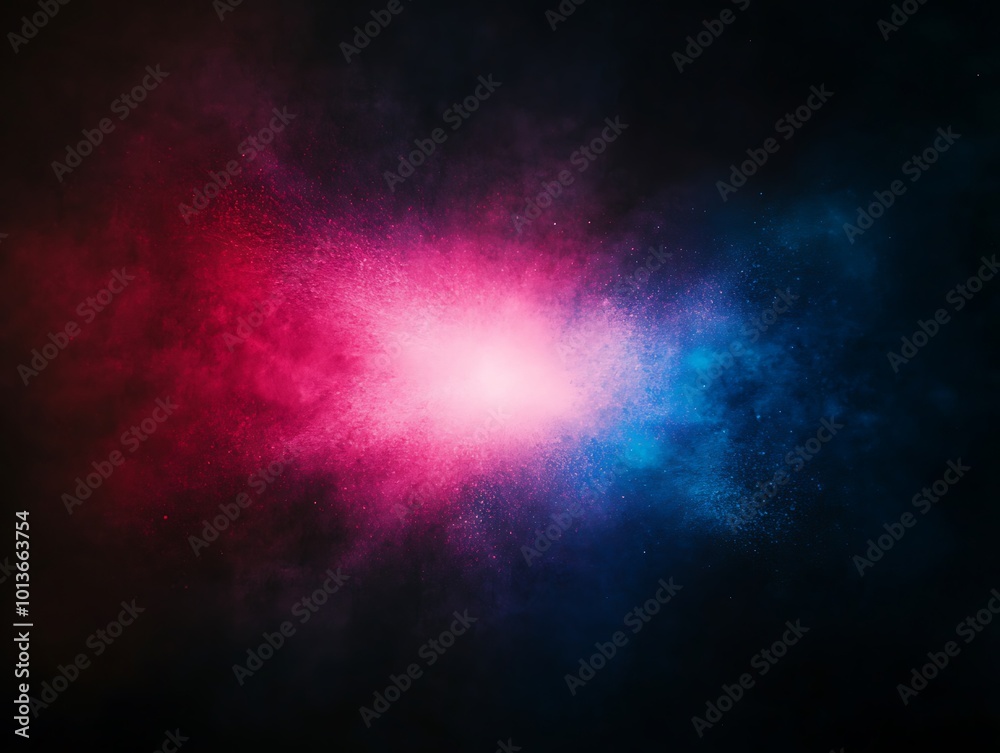 Poster abstract background with pink and blue clouds of smoke on a dark background with a bright white ligh