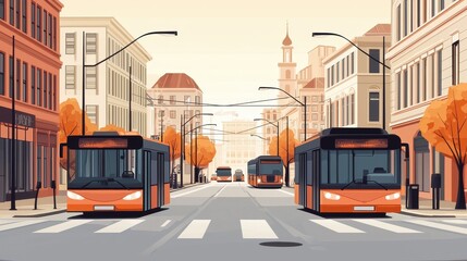 Fototapeta premium Urban city street with buses and autumn trees, showcasing public transportation and vibrant city life.