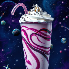 A cosmic milkshake with swirling purple and white patterns, topped with whipped cream and star-like sprinkles, set against a space-themed background. Perfect for a whimsical dessert feature