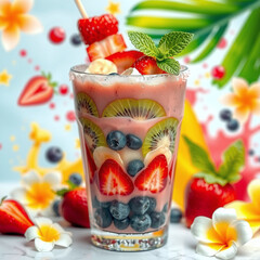 A vibrant fruit smoothie garnished with fresh strawberries, kiwi slices, and blueberries, set against a backdrop of tropical leaves and flowers, highlighting its freshness and natural appeal