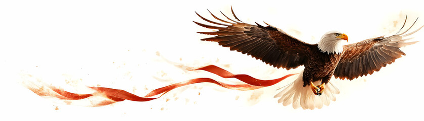 Fototapeta premium American eagle and ribbon gently floating concept as A symbolic image of an American eagle and a military ribbon gently floating as if in mid air isolated on a white background. The elements represent