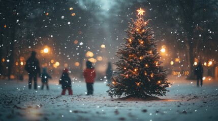 A Christmas tree in a quiet snowy park with children playing in the background.