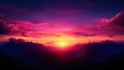 Fototapeta premium A beautiful sunset over a mountain range with a pink and purple sky. The mountains are covered in trees and the sky is filled with clouds