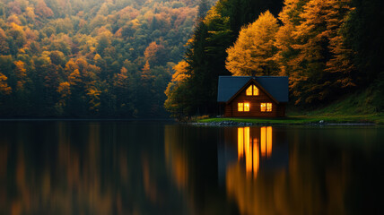 Fototapeta premium A small cabin sits on a lake surrounded by trees. The cabin is lit up by the sun reflecting off the water