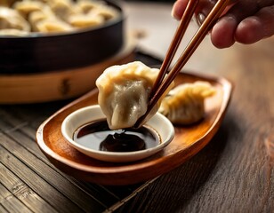 A hand uses chopsticks to dip a dumpling into a dish of soy sauce, a delightful illustration of Asian culinary tradition and the art of dining