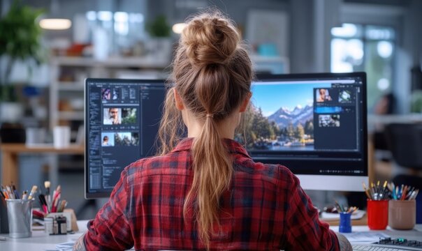 Design in motion: portrayal of a tattooed graphic designer girl engaged in creative process at computer, e blend of contemporary design tools and individuality of her artistic workspace.