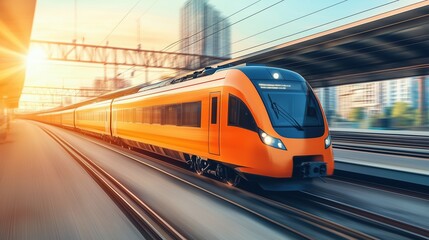 Naklejka premium Dynamic Sunset Scene of a High-Speed Orange Passenger Train Moving at a Railway Station Platform,