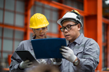 Two people in construction gear looking at a tablet. One of them is wearing a yellow helmet. Scene is serious and focused