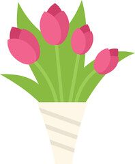 Simple cartoon style bouquet of pink tulips standing in a paper cone vase