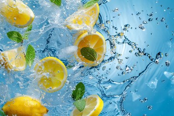 Splash of water with lemon and mint leaves against blue background, high resolution, advertising design, dynamic movement, elegant scene, water splashes, refreshing and vibrant