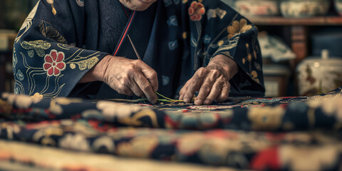 Elderly Artisan in Traditional Kimono Handcrafting Floral Patterns on Fabric