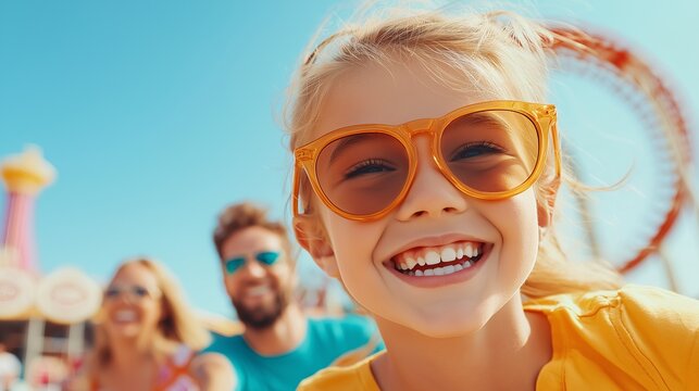 Happy family day with parents and little daughter enjoying outdoor amusement park ride with roller coasters and carousel in background, bonding together, experiencing fun and excitement