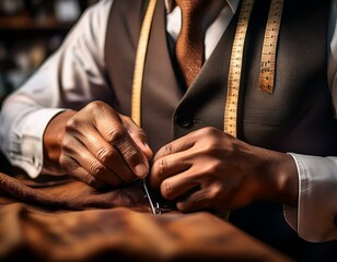 Fototapeta premium A tailor skilled hands meticulously sew a garment, demonstrating the artistry and precision of bespoke tailoring.