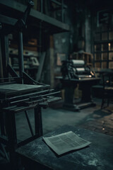 Vintage Printing Press in Dark Workshop with Old Machinery