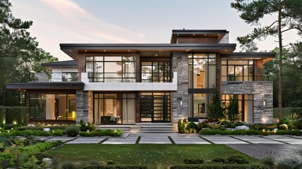 Obraz premium Two story modern house with white roof, stone facade, wooden accents, large windows, greenery around, minimalist style, photorealistic rendering, front view