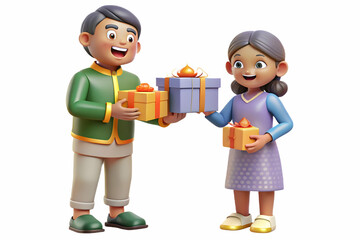 Flat Vector Illustration of Children Joyfully Receiving Glowing Diwali Gifts from Elders - Celebrating Happiness and Tradition in the Festival of Lights