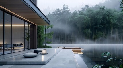 Obraz premium Villa by misty lake, minimalist lines, surrounded by bamboo forests, traditional Chinese gardens, upturned eaves, serene design