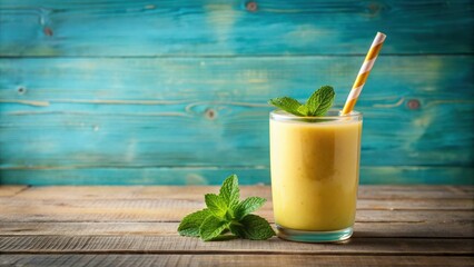Refreshing yellow smoothie with mint garnish and straw on wooden table against blue background, smoothie, yellow