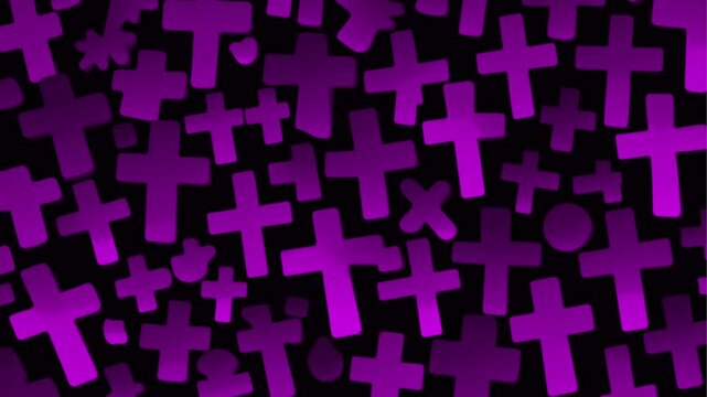 Stop motion cartoon animation,white background with purple emo cristian crosses of different sizes	