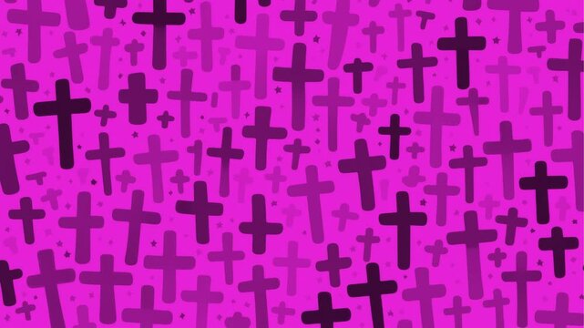 Stop motion cartoon animation,white background with purple emo cristian crosses of different sizes	