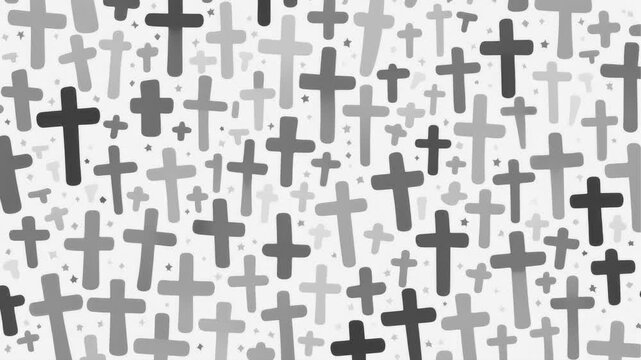 Stop motion cartoon animation,white background with black cristian crosses of different sizes	