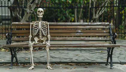 Waiting concept. Human skeleton on a park bench on a light gray background
