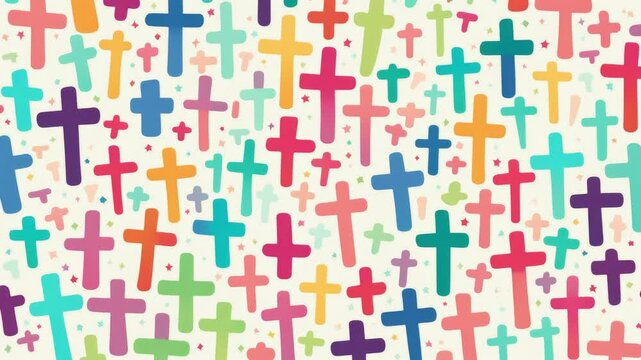 Stop motion cartoon animation,white background with colorful cristian crosses of different sizes	