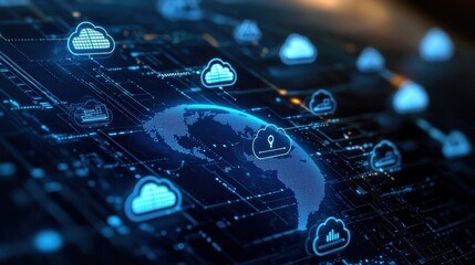 Obraz premium Global network and cloud computing concept with digital connections, futuristic blue background.