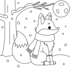 Red Fox Wearing a Scarf, Sitting By a Snowy Tree Outline Coloring Page. Christmas and Winter Illustration