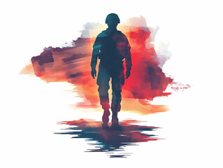 Flat Veterans Day Tribute - Bold Abstract Soldier Against Glowing American Flag - Digital Art Celebrating Courage and Dedication of Veterans with Medium Shot Perspective