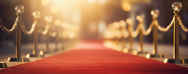 A vibrant red carpet adorned with golden stanchions welcomes guests at an evening gala