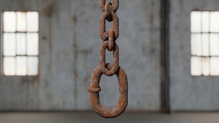 Rusty industrial chain hanging in an empty warehouse with natural light.