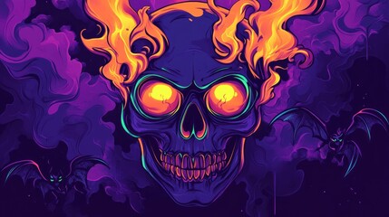 A vibrant skull surrounded by flames and bats, evoking a dark, mystical theme.