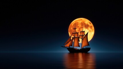 Fototapeta premium Sailing ship with orange sails against a glowing full moon at night.