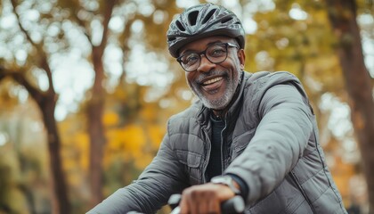 A happy, elderly Black man riding his bicycle in the park, wearing a helmet and glasses in a sunny day