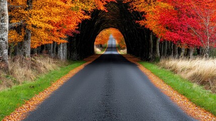 Fototapeta premium Scenic autumn road beneath vibrant orange and red foliage, nature's colorful tunnel.