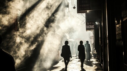 Silhouettes of People Walking Through a Smoky Alleyway