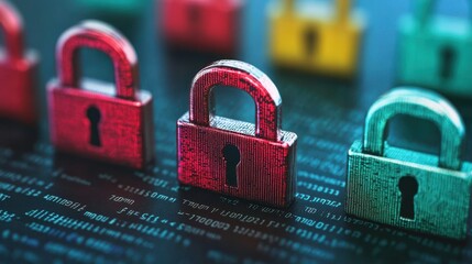 Colorful padlocks on a digital background symbolize cybersecurity and data protection, showcasing the importance of safeguarding information.