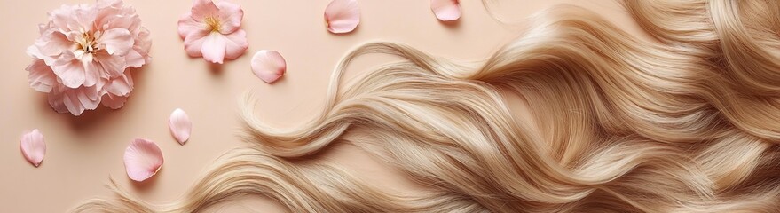 Naklejka premium Wavy blonde hair with pink flowers on a beige background 