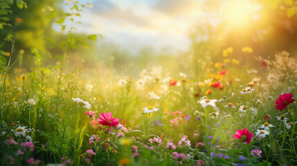 Obraz premium Wildflowers blooming in a lush garden under soft sunlight with a tranquil green background