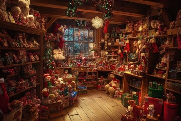 Santa's workshop filled with toys and gifts.