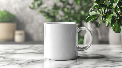 A white ceramic mug sits on a marble table, ready to be filled with a warm beverage.