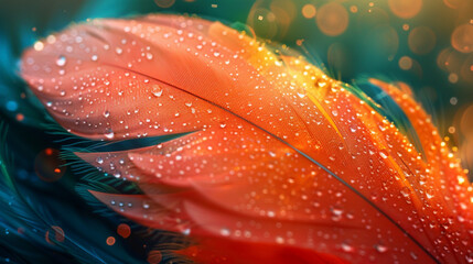 Close-up of a vibrant feather with water droplets and soft bokeh lights in the background